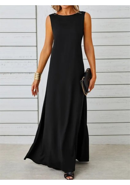 Kadın Kolsuz Kayık Yaka Maksi Janjan Krep Elbise modelleri