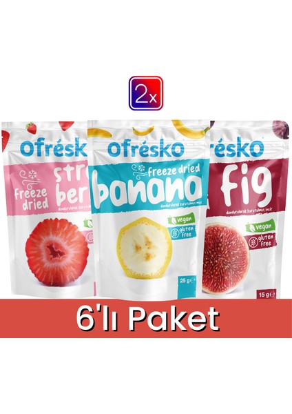 Kuru Meyve Cipsi Mix 6'lı Paket - Dondurularak Kurutulmuş Muz, İncir ve Çilek - Katkısız & İlave Şekersiz Freeze Dried Kuru Meyve