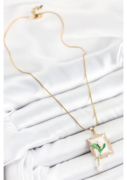 Bfs 316L Çelik Zincir Beyaz Sanatsal Portre Sallantılı Inci Detaylı Lale Model Gold Renk Kadın Kolye fiyatları