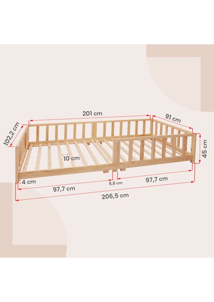 KCB351 Doğal Ahşap Montessori Yer Yatağı 90 x 190 cm (90 x 200 cm 'YE Dönüştürülebilir)
