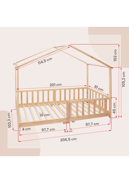 KCB350 Çatılı Yer Yatağına Dönüştürülebilir Montessori Yatak 90 x 190 cm (90 x 200 cm 'YE Genişletilebilir)