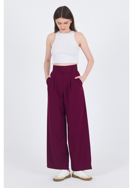 Bordo Cırt Kapama Detaylı Palazzo Pantolon 1615 modelleri