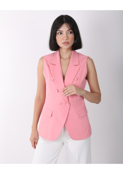 Kadın Pembe Düğme Detaylı Blazer Yelek