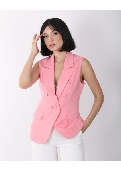 Kadın Pembe Düğme Detaylı Blazer Yelek