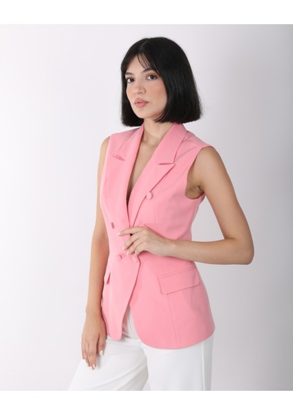 Kadın Pembe Düğme Detaylı Blazer Yelek
