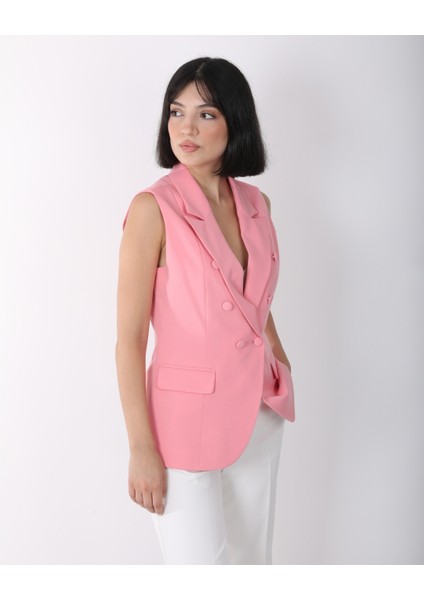 Kadın Pembe Düğme Detaylı Blazer Yelek