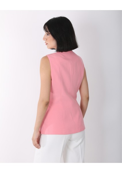 Kadın Pembe Düğme Detaylı Blazer Yelek