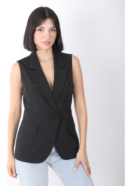 Kadın Siyah Düğme Detaylı Blazer Yelek