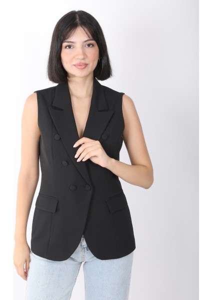 Kadın Siyah Düğme Detaylı Blazer Yelek modelleri