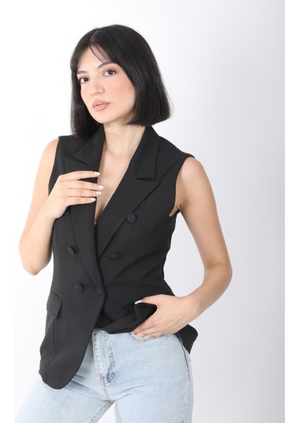 Kadın Siyah Düğme Detaylı Blazer Yelek fırsatları