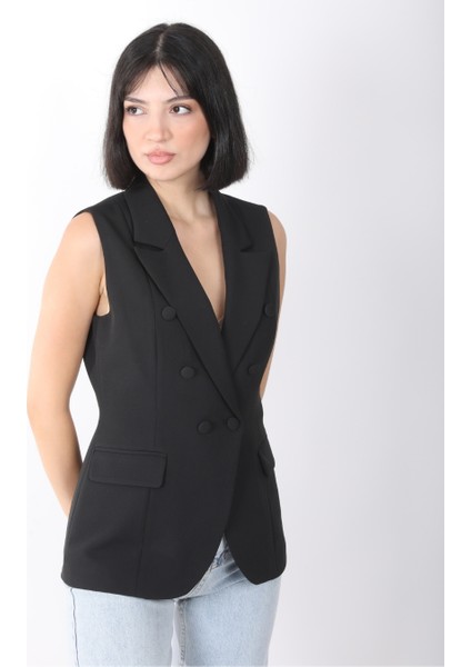Kadın Siyah Düğme Detaylı Blazer Yelek indirimleri