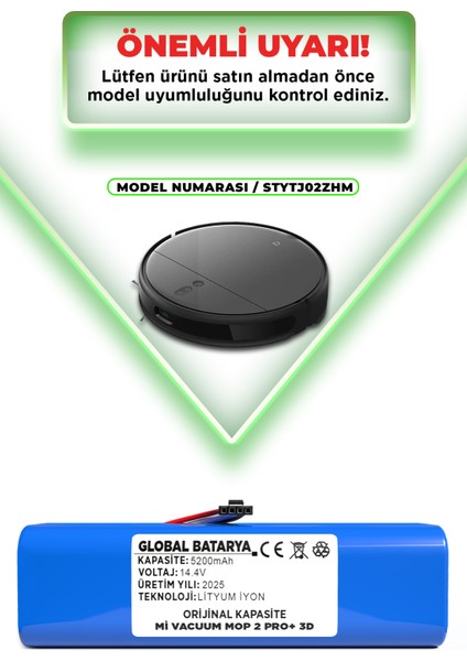 Mi Vacuum Mop Pro 2+ 3D Akıllı Robot Süpürge Bataryası 14.4V 5200 mAh Pil