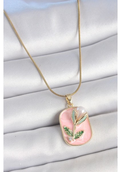 Bfs 316L Çelik Gold Renk Zincir Pembe Mineli Incili Çiçek Işlemeli Portre Model Kadın Kolye
