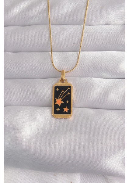 Bfs 316L Çelik Gold Renk Siyah Mineli Yıldız Figür Tarot Kolye