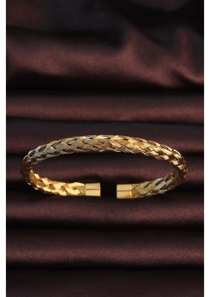 Bfs 316L Çelik Altın Renk Kalın Yassı Örgü Model Erkek Bileklik