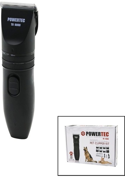 Powertec TR-9000 Kedi - Köpek Bakım Seti USB Şarjlı Traş Makinesi Metal Tarak - Makas 0.8-1.1-1.4-1.7-2.0mm Ayarlı (5047)