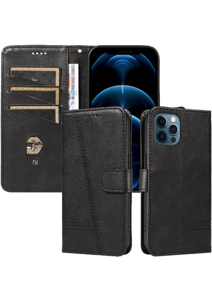iPhone 12/12 Pro Için Kılıf Manyetik Kapatma Kart Yuvaları ve Destek Standı Darbeye Dayanıklı Pu Deri Kılıf (Yurt Dışından)