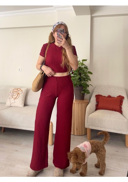 Bordo Bürümcükkumaş Yanlardan Büzgülü Takım