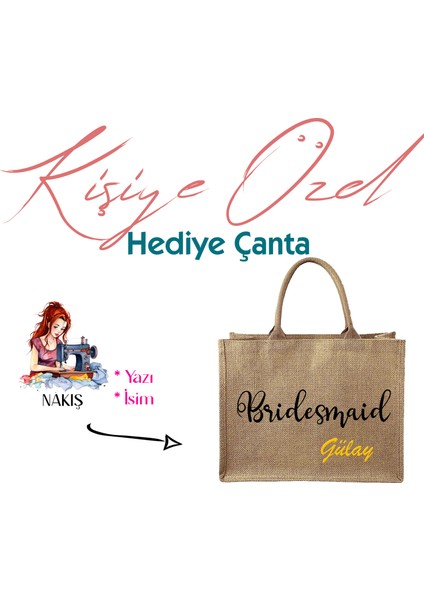 Nakışlı Kişiselleştirilmiş Jüt Çanta | Kişiye Özel Tasarım, Doğal Kumaş | Orta Boy