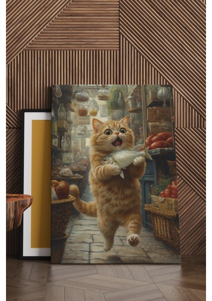 Balık Kaçıran Kedi Kanvas Tablo