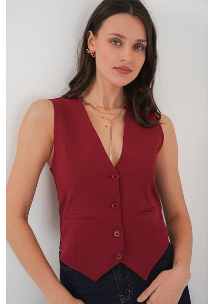 6796 Kısa Dokuma Yelek - Bordo