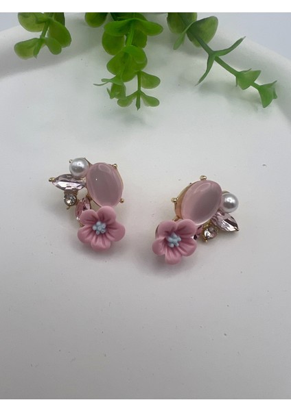 Çiçekli Taşlı Tasarım Küpe (Pembe) fiyatları