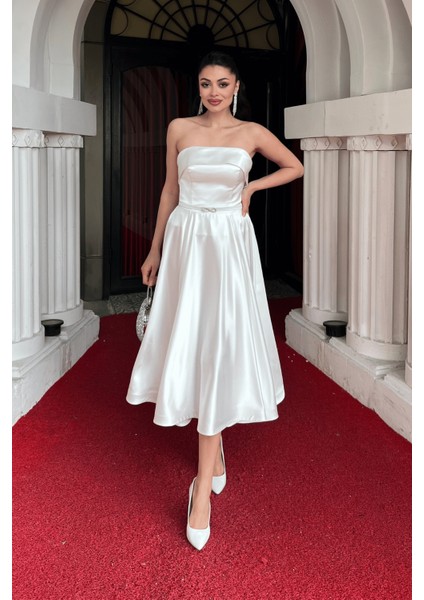 Saten Kumaş Sırt Ip Detaylı Midi Elbise - Beyaz