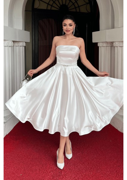 Saten Kumaş Sırt Ip Detaylı Midi Elbise - Beyaz fiyatları