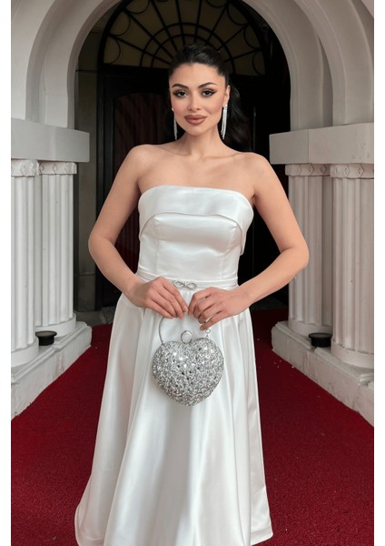 Saten Kumaş Sırt Ip Detaylı Midi Elbise - Beyaz modelleri