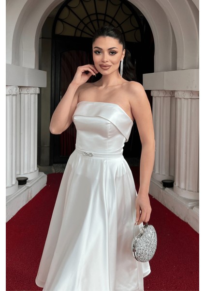 Saten Kumaş Sırt Ip Detaylı Midi Elbise - Beyaz fırsatları