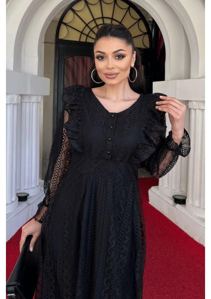 Dantel Kumaş Düğme Detaylı Elbise - Siyah modelleri