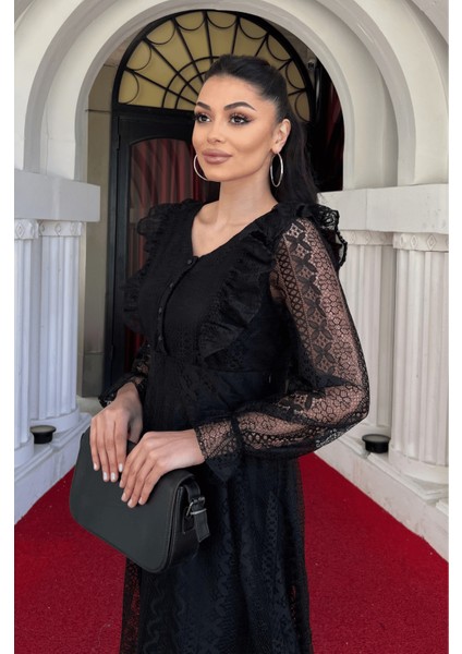 Dantel Kumaş Düğme Detaylı Elbise - Siyah fırsatları