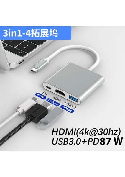 Macbook Pro Air Uyumlu Type-C 3in1 Dönüştürücü Çoklayıcı USB / Hdmı 4K / Type-C 87W Pd