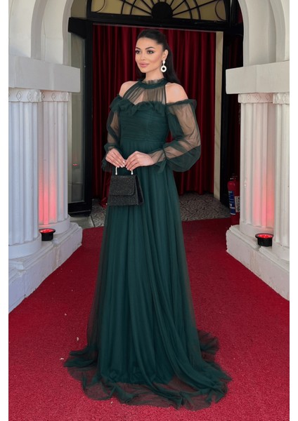 Tül Kumaş Volan Detaylı Tasarım Elbise - Zümrüt Yeşil