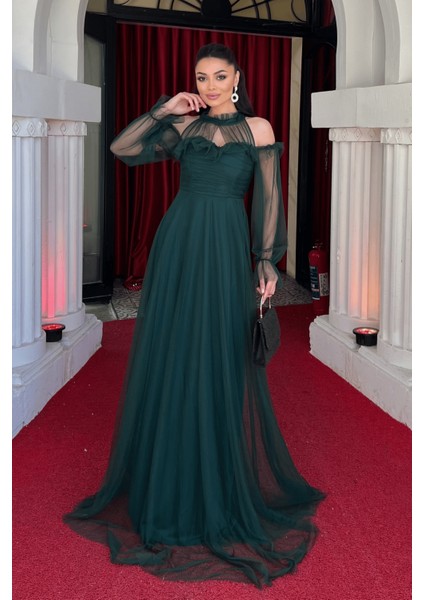 Tül Kumaş Volan Detaylı Tasarım Elbise - Zümrüt Yeşil fiyatları