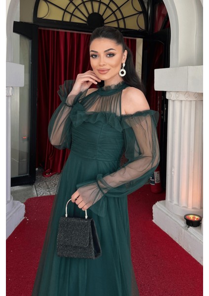 Tül Kumaş Volan Detaylı Tasarım Elbise - Zümrüt Yeşil fırsatları