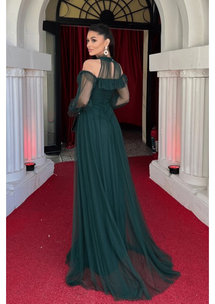 Tül Kumaş Volan Detaylı Tasarım Elbise - Zümrüt Yeşil indirimleri