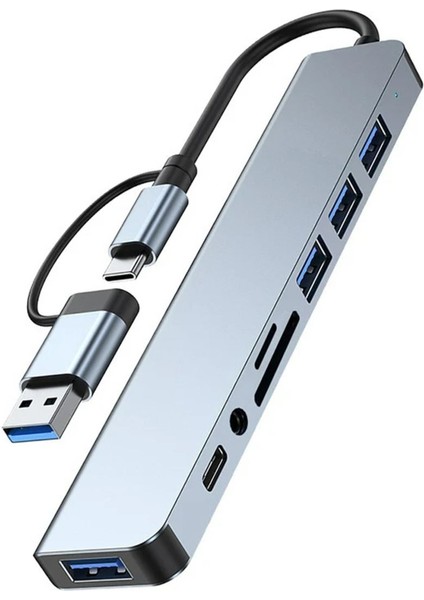 Macbook Pro Air Uyumlu Type-C 8in1 Dönüştürücü Çoklayıcı USB / Sd / Tf / 3.5mm Jack / Type-C 87W Pd