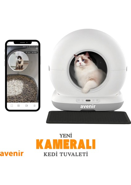 AV-CB02C Kameralı Otomatik Akıllı Kedi Tuvaleti Paspas Hediyeli App Kontrol 75L Hazne