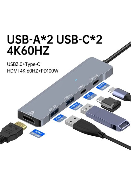 Macbook Pro Air Uyumlu Type-C 6in1 Dönüştürücü Çoklayıcı USB / Hdmı 4K / Type-C 100W Pd