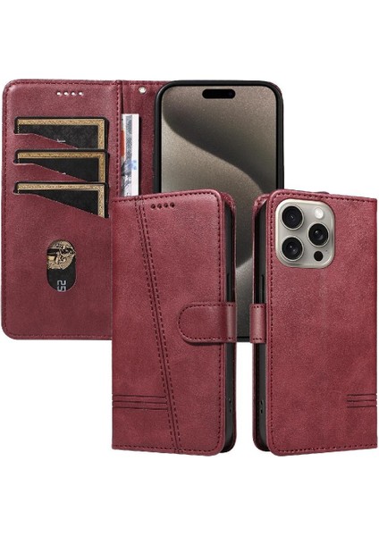 iPhone 15 Pro Max Için Kılıf Manyetik Kapatma Kart Yuvaları ve Destek Standı Darbeye Dayanıklı Pu Deri Kılıf (Yurt Dışından)