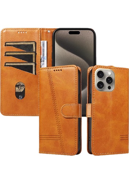 iPhone 15 Pro Max Için Kılıf Manyetik Kapatma Kart Yuvaları ve Destek Standı Darbeye Dayanıklı Pu Deri Kılıf (Yurt Dışından)