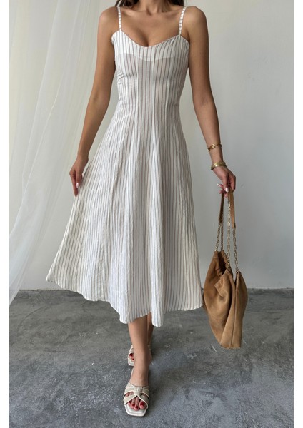 Simli Çizgili Askılı Elbise Midi Boy - Kahverengi fiyatları