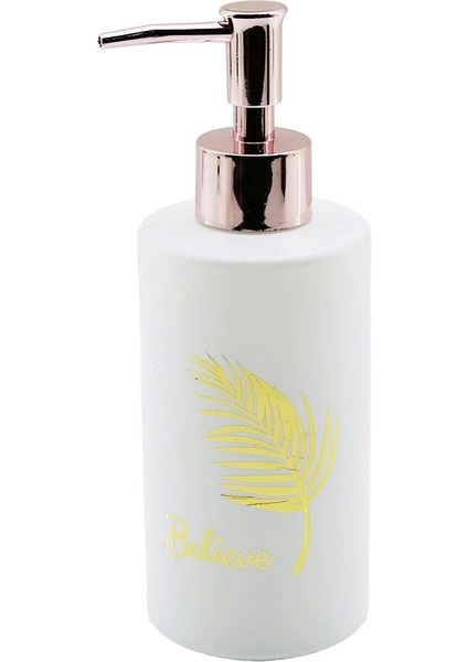 Cam Yuvarlak - Beyaz Şişe- -Gold Yaprak Desen Sıvı Sabunluk 350ML Bronz Plastik Pompa (5047)