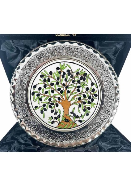 Zeytin Ağacı Desenli Gümüş Tabak