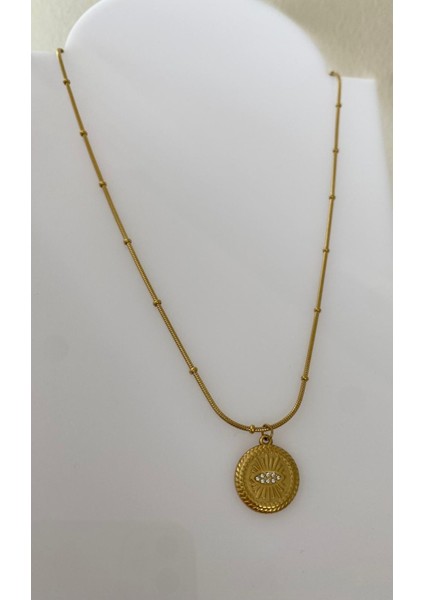 Taşlı Göz Plaka Gold Çelik Kolye