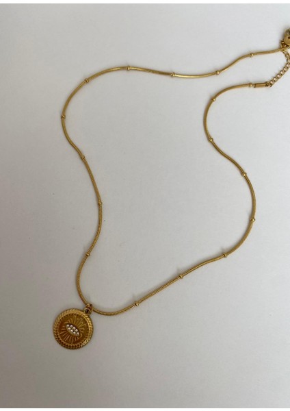 Taşlı Göz Plaka Gold Çelik Kolye modelleri