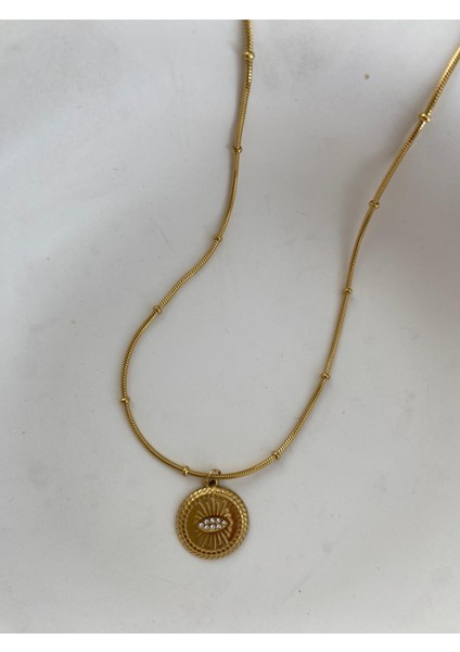 Taşlı Göz Plaka Gold Çelik Kolye indirimleri