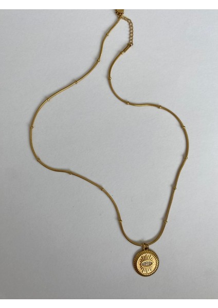 Taşlı Göz Plaka Gold Çelik Kolye