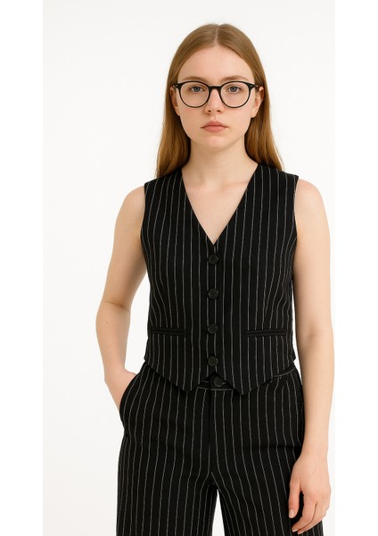 Kız Çocuk 14-17 Yaş Yelekli Pantolonlu Çizgi Detaylı Ikili Takım